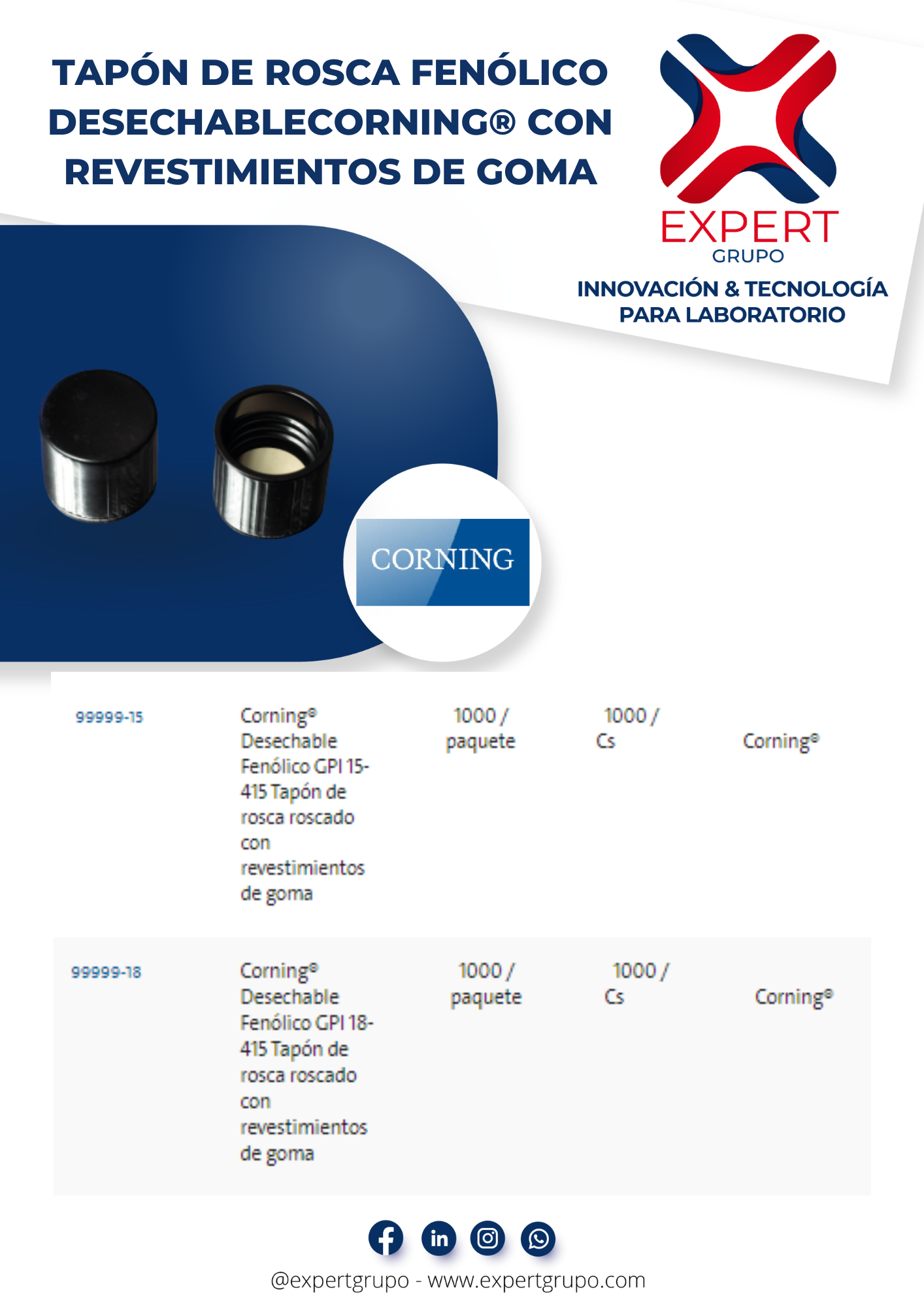 TAPÓN DE ROSCA FENÓLICO DESECHABLECORNING® CON REVESTIMIENTOS DE GOMA ...
